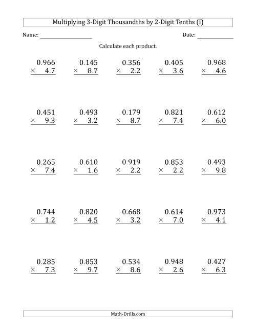 The Multiplying 3-Digit Thousandths by 2-Digit Tenths (I) Math Worksheet