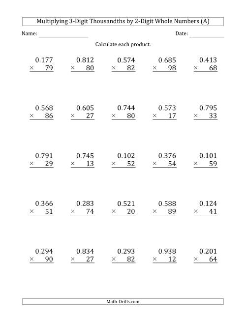 The Multiplying 3-Digit Thousandths by 2-Digit Whole Numbers (A) Math Worksheet