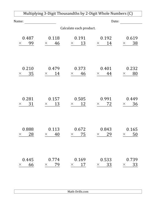 The Multiplying 3-Digit Thousandths by 2-Digit Whole Numbers (C) Math Worksheet