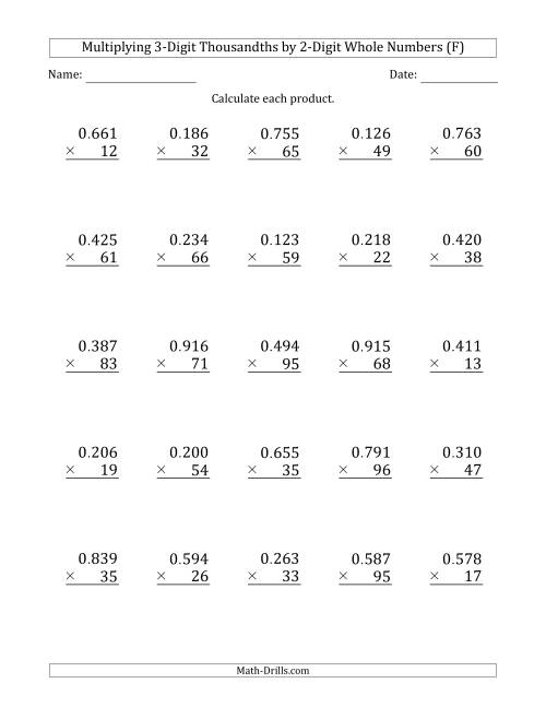The Multiplying 3-Digit Thousandths by 2-Digit Whole Numbers (F) Math Worksheet