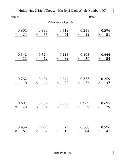 The Multiplying 3-Digit Thousandths by 2-Digit Whole Numbers (G) Math Worksheet