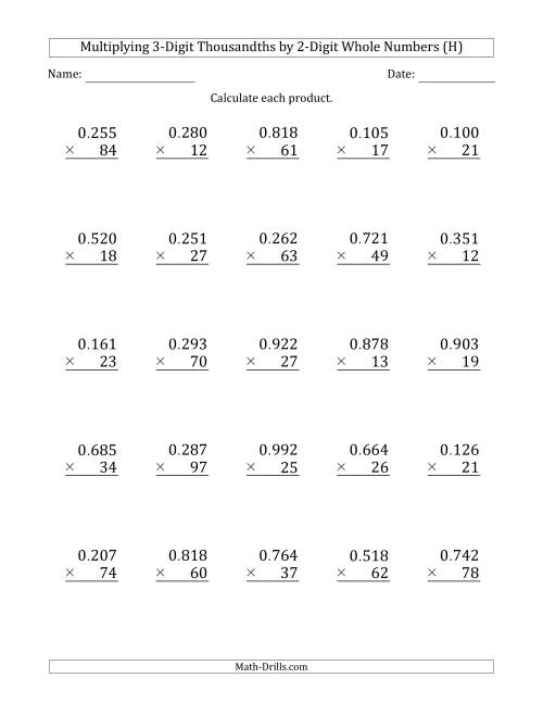The Multiplying 3-Digit Thousandths by 2-Digit Whole Numbers (H) Math Worksheet