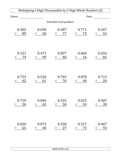 The Multiplying 3-Digit Thousandths by 2-Digit Whole Numbers (I) Math Worksheet