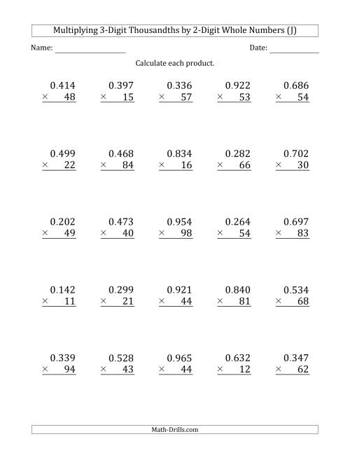 The Multiplying 3-Digit Thousandths by 2-Digit Whole Numbers (J) Math Worksheet
