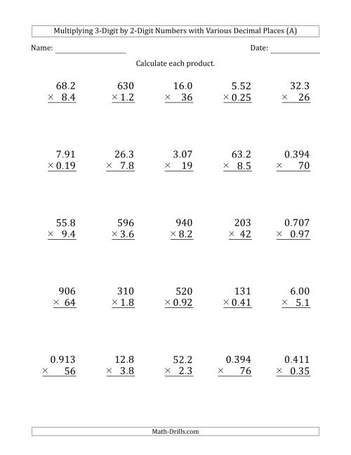 The Multiplying 3-Digit by 2-Digit Numbers with Various Decimal Places (A) Math Worksheet