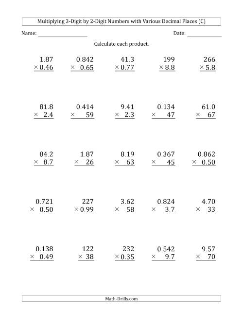 The Multiplying 3-Digit by 2-Digit Numbers with Various Decimal Places (C) Math Worksheet