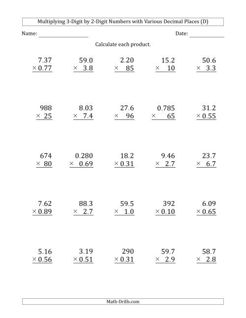 The Multiplying 3-Digit by 2-Digit Numbers with Various Decimal Places (D) Math Worksheet