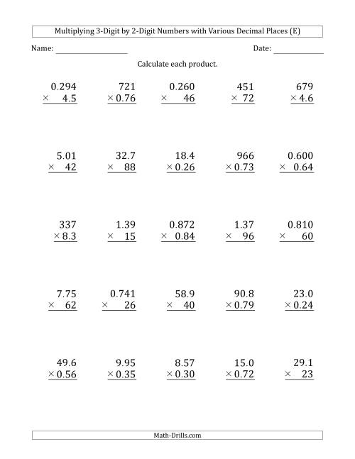 The Multiplying 3-Digit by 2-Digit Numbers with Various Decimal Places (E) Math Worksheet