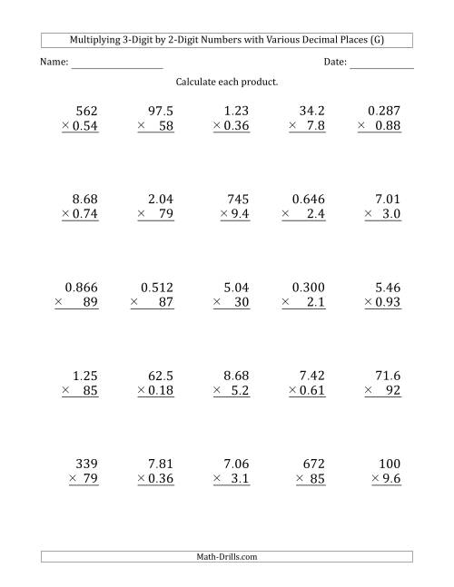The Multiplying 3-Digit by 2-Digit Numbers with Various Decimal Places (G) Math Worksheet