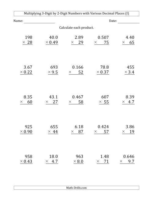 The Multiplying 3-Digit by 2-Digit Numbers with Various Decimal Places (I) Math Worksheet
