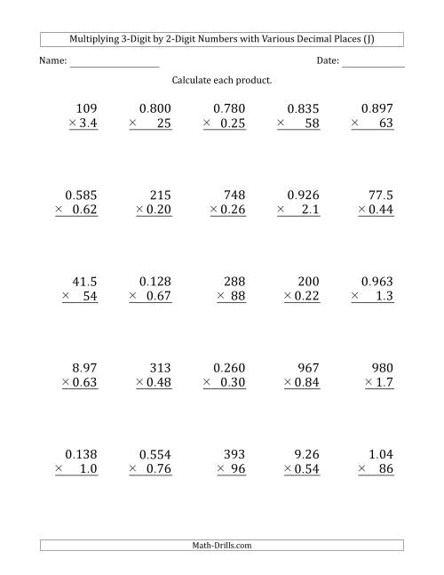The Multiplying 3-Digit by 2-Digit Numbers with Various Decimal Places (J) Math Worksheet