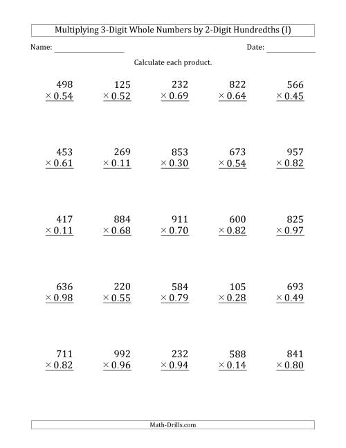 The Multiplying 3-Digit Whole Numbers by 2-Digit Hundredths (I) Math Worksheet