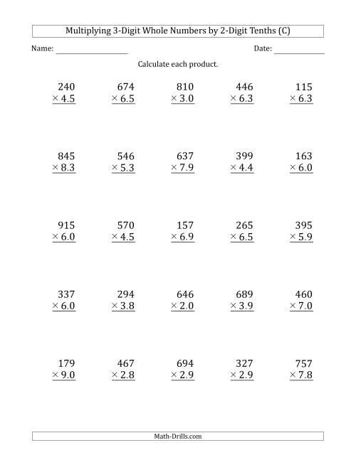 The Multiplying 3-Digit Whole Numbers by 2-Digit Tenths (C) Math Worksheet