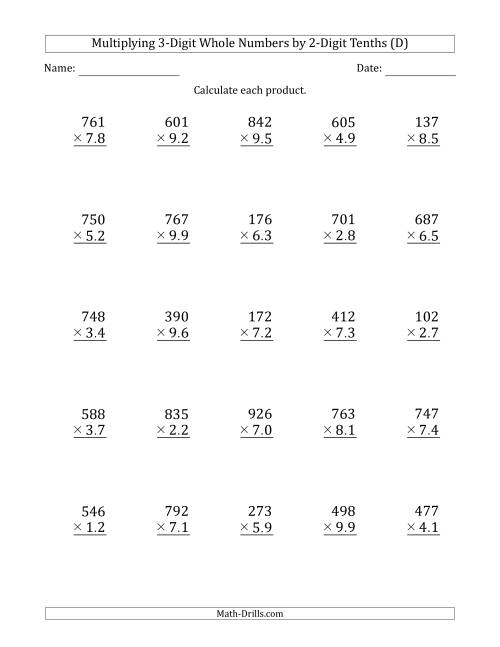 The Multiplying 3-Digit Whole Numbers by 2-Digit Tenths (D) Math Worksheet