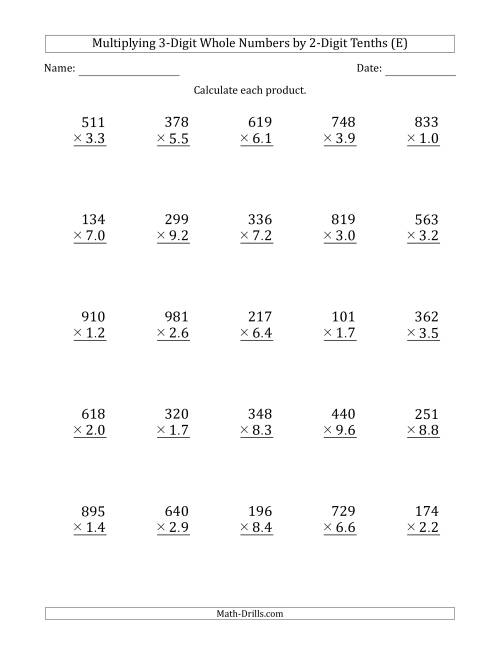 The Multiplying 3-Digit Whole Numbers by 2-Digit Tenths (E) Math Worksheet