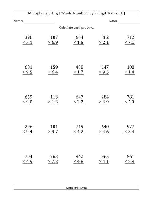 The Multiplying 3-Digit Whole Numbers by 2-Digit Tenths (G) Math Worksheet