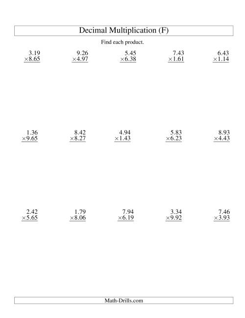 The Vertical Decimal Multiplication (range 1.01 to 9.99) (F) Math Worksheet