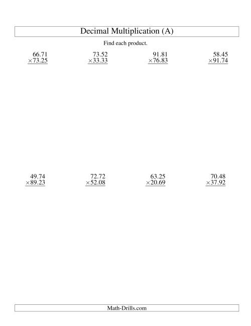 The Vertical Decimal Multiplication (range 10.01 to 99.99) (A) Math Worksheet