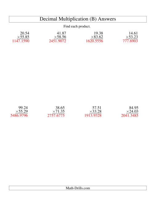 The Vertical Decimal Multiplication (range 10.01 to 99.99) (B) Math Worksheet Page 2