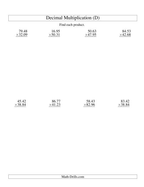 The Vertical Decimal Multiplication (range 10.01 to 99.99) (D) Math Worksheet