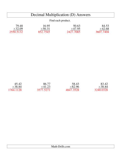 The Vertical Decimal Multiplication (range 10.01 to 99.99) (D) Math Worksheet Page 2