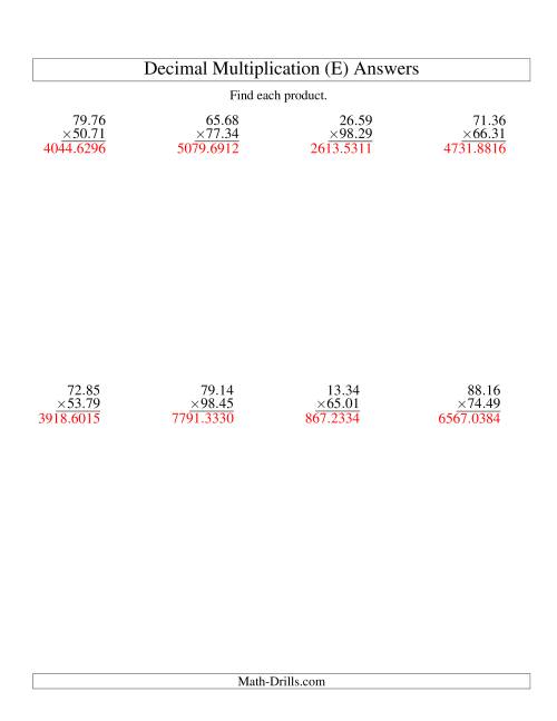 The Vertical Decimal Multiplication (range 10.01 to 99.99) (E) Math Worksheet Page 2
