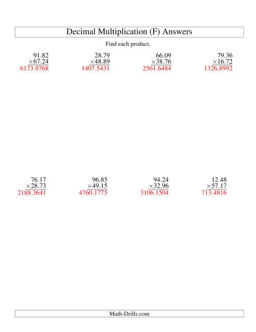 The Vertical Decimal Multiplication (range 10.01 to 99.99) (F) Math Worksheet Page 2
