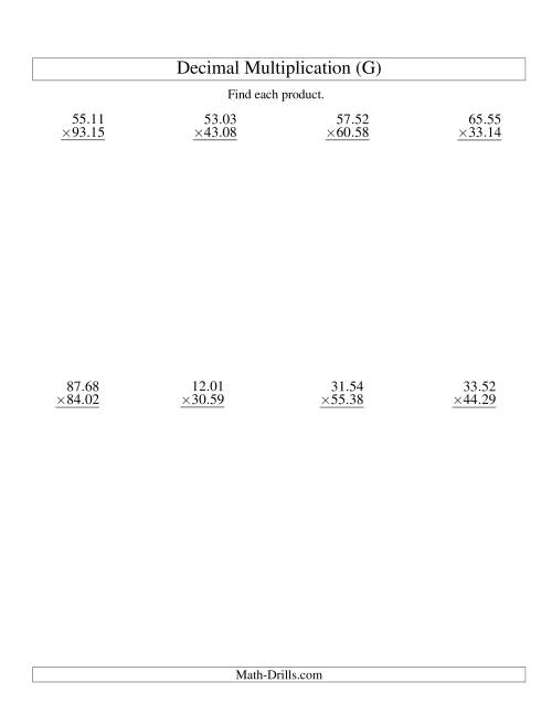 The Vertical Decimal Multiplication (range 10.01 to 99.99) (G) Math Worksheet
