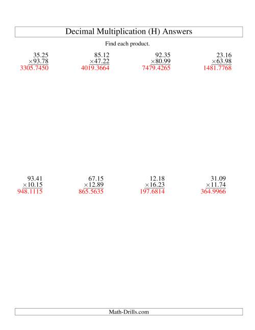 The Vertical Decimal Multiplication (range 10.01 to 99.99) (H) Math Worksheet Page 2