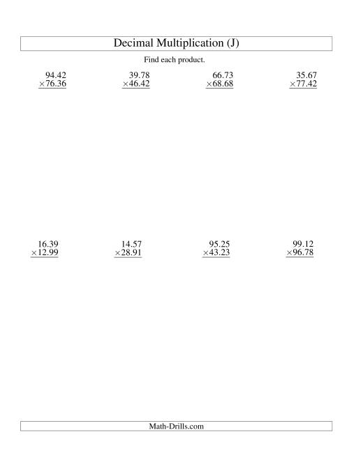 The Vertical Decimal Multiplication (range 10.01 to 99.99) (J) Math Worksheet