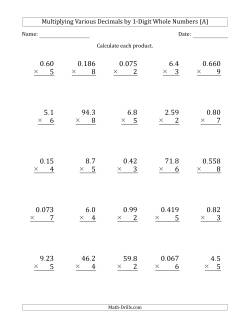 Multiplying Various Decimals by 1-Digit Whole Numbers