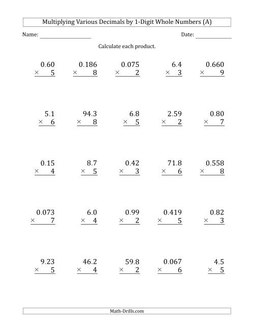 multiplying various decimals by 1 digit whole numbers a