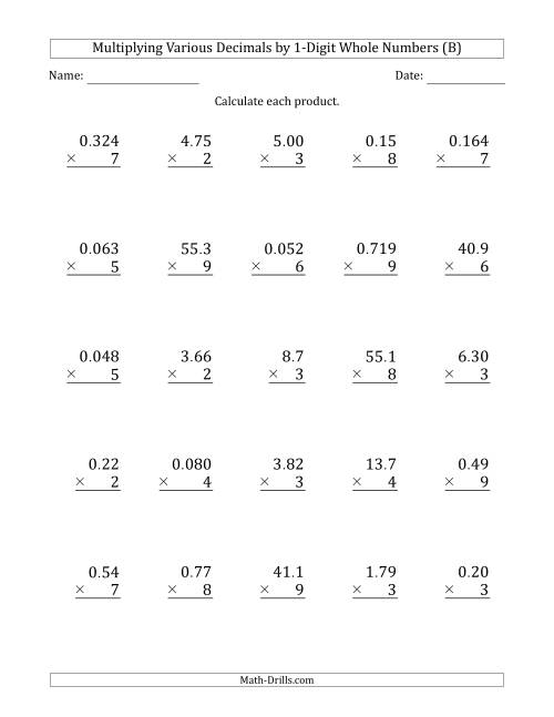 The Multiplying Various Decimals by 1-Digit Whole Numbers (B) Math Worksheet
