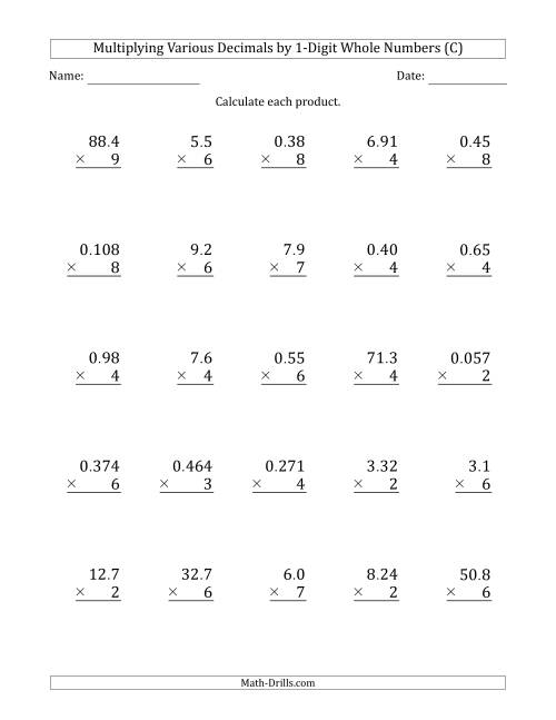 The Multiplying Various Decimals by 1-Digit Whole Numbers (C) Math Worksheet