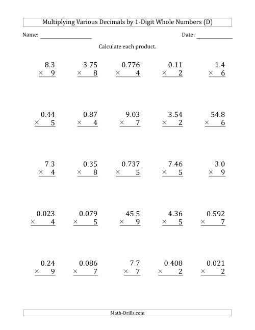 The Multiplying Various Decimals by 1-Digit Whole Numbers (D) Math Worksheet