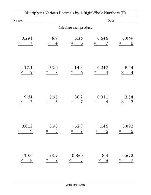The Multiplying Various Decimals by 1-Digit Whole Numbers (E) Math Worksheet