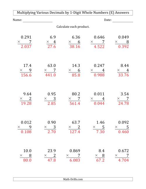 The Multiplying Various Decimals by 1-Digit Whole Numbers (E) Math Worksheet Page 2