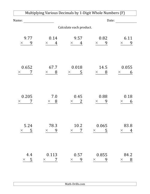 The Multiplying Various Decimals by 1-Digit Whole Numbers (F) Math Worksheet