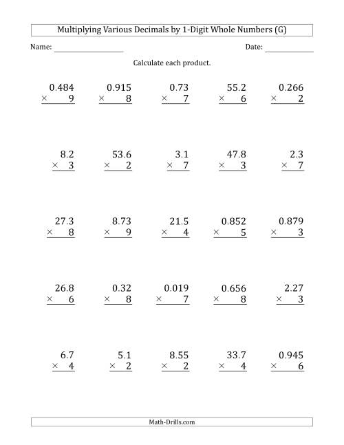 The Multiplying Various Decimals by 1-Digit Whole Numbers (G) Math Worksheet