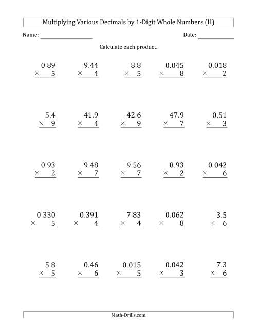 The Multiplying Various Decimals by 1-Digit Whole Numbers (H) Math Worksheet