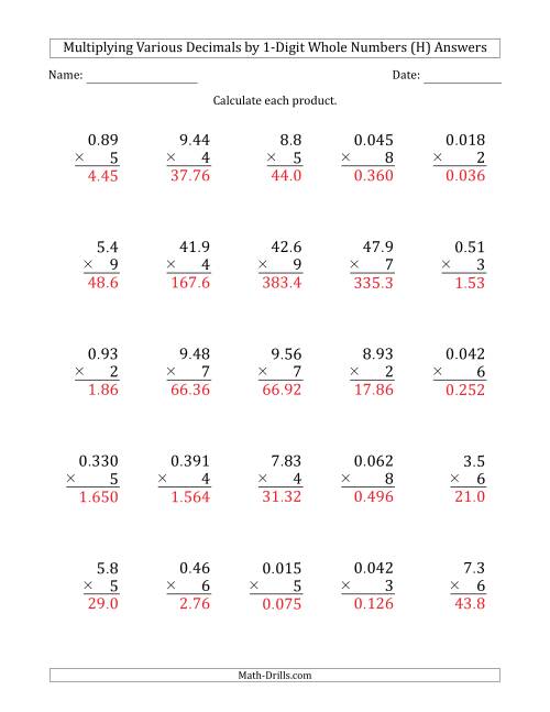 The Multiplying Various Decimals by 1-Digit Whole Numbers (H) Math Worksheet Page 2