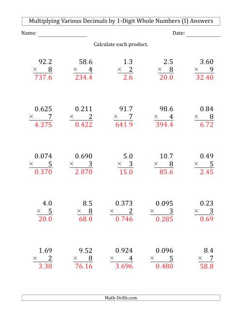 The Multiplying Various Decimals by 1-Digit Whole Numbers (I) Math Worksheet Page 2