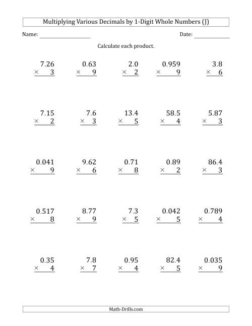 The Multiplying Various Decimals by 1-Digit Whole Numbers (J) Math Worksheet