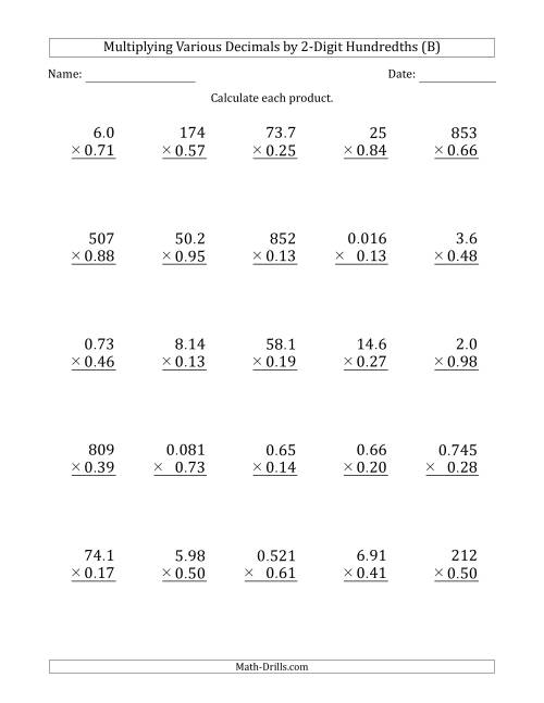 The Multiplying Various Decimals by 2-Digit Hundredths (B) Math Worksheet