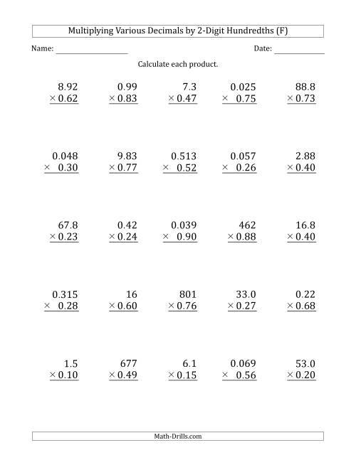 The Multiplying Various Decimals by 2-Digit Hundredths (F) Math Worksheet