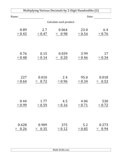 The Multiplying Various Decimals by 2-Digit Hundredths (G) Math Worksheet