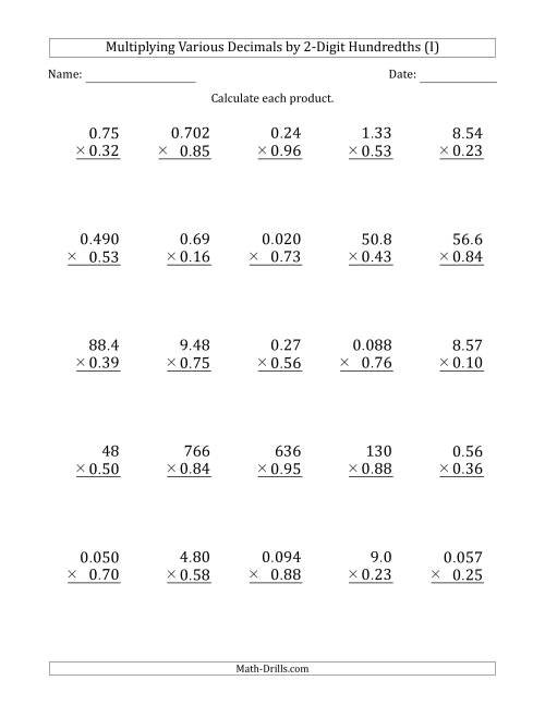 The Multiplying Various Decimals by 2-Digit Hundredths (I) Math Worksheet