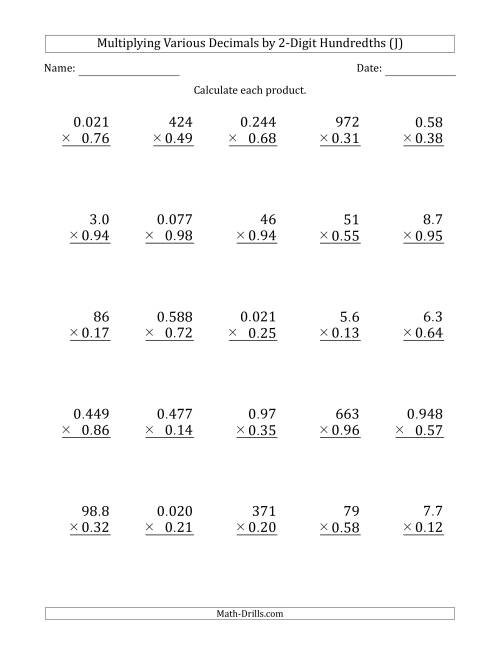 The Multiplying Various Decimals by 2-Digit Hundredths (J) Math Worksheet