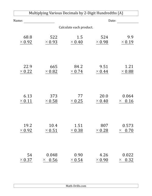 The Multiplying Various Decimals by 2-Digit Hundredths (All) Math Worksheet