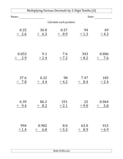 The Multiplying Various Decimals by 2-Digit Tenths (A) Math Worksheet